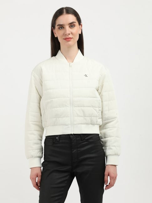 CALVIN KLEIN JEANS White Regular Fit Polyester Baseball Collar Bomber Jacket