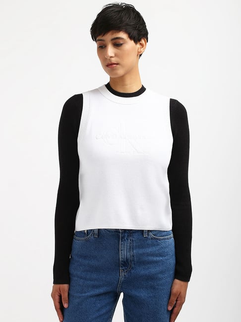 CALVIN KLEIN JEANS White Regular Fit Cotton Crew Neck Sweater-Vest