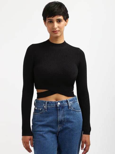 CALVIN KLEIN JEANS Black Slim Fit Modal Mock Neck Stylised Sweater