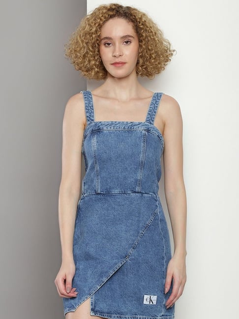 CALVIN KLEIN JEANS Blue Cotton Square Neck Denim Dress