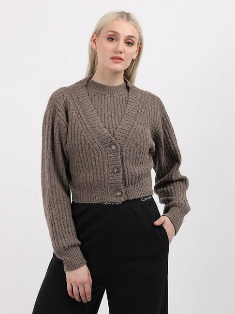 CALVIN KLEIN JEANS Brown Regular Fit Cotton V-Neck Front