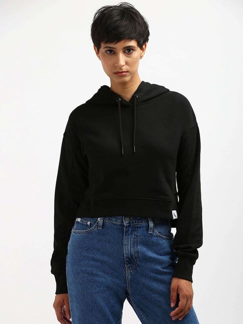 CALVIN KLEIN JEANS Black Relaxed Fit Cotton Hooded Neck Hoodies