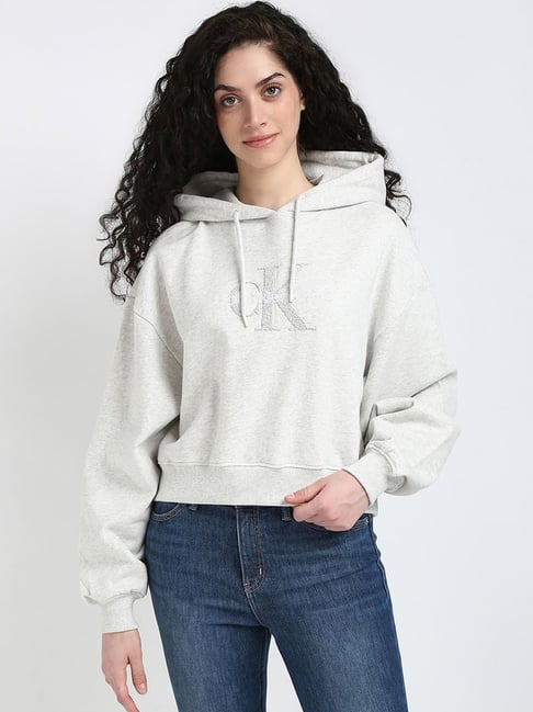 CALVIN KLEIN JEANS Grey Regular Fit Cotton Hooded Neck Hoodies