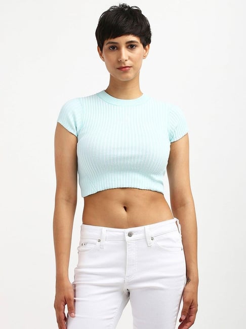 CALVIN KLEIN JEANS Blue Slim Fit Cotton Crew Neck Crop Top
