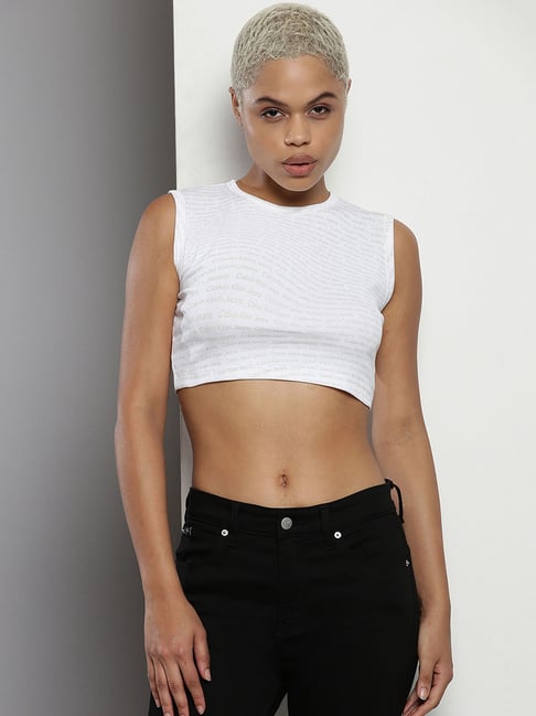 CALVIN KLEIN JEANS White Regular Fit Cotton Crew Neck Crop Top