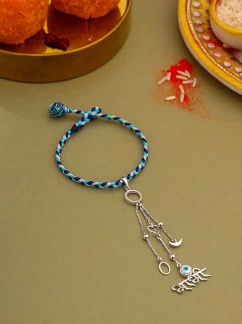 Kicky & Perky 925 Sterling Silver "Bhabi" with Evil Eye Stone Dangling Lumba Rakhi-picture-26