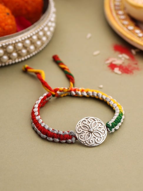 kicky & perky Kicky and Perky 925 Sterling Silver Mossanite Round Motif Filigree Embossed Rakhi-picture-20