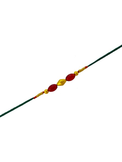 P.C. Chandra Jewellers 22KT Yellow Gold Red Beads & Green Thread Traditional Rakhi for Men