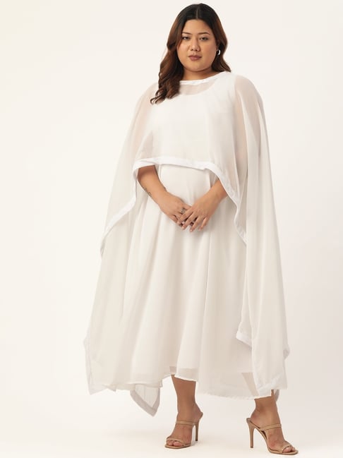 theRebelinme White Georgette Solid Sleeveless Plus Size Maxi Dress With Cape