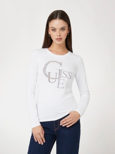 Guess White Cotton Embellished T-Shirt-picture-28