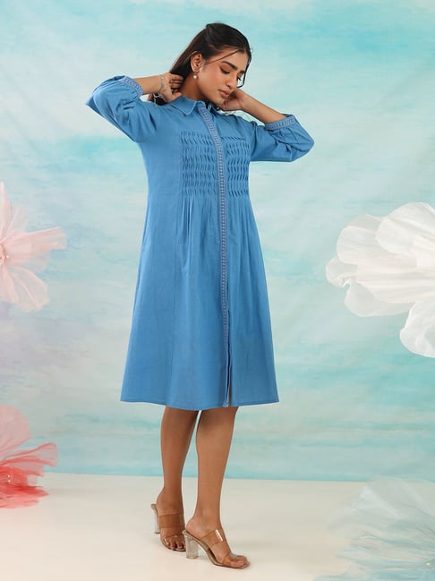 Buy Studio Misri Blue Cotton Flex Midi Dress for Womens Online