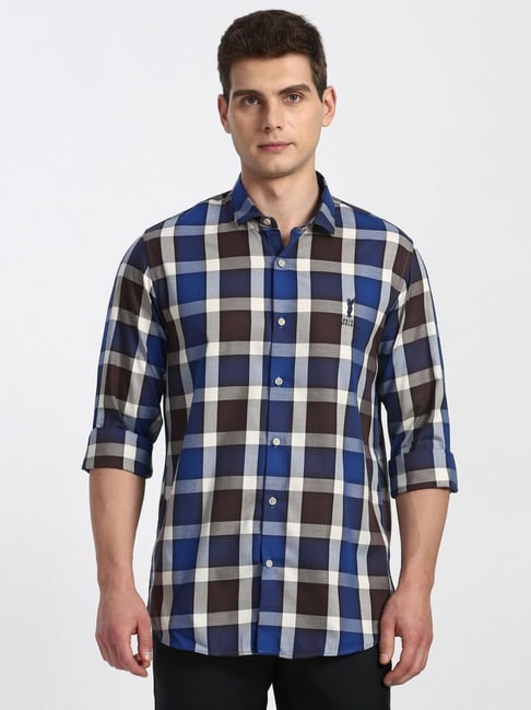 Peter England Blue Cotton Slim Fit Checks Shirt-picture-36