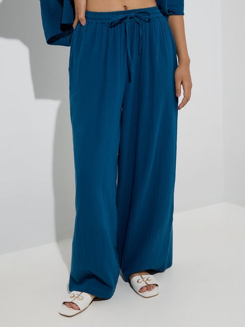 Wunderlove by Westside Blue Textured High-Rise Cotton Beach Pants