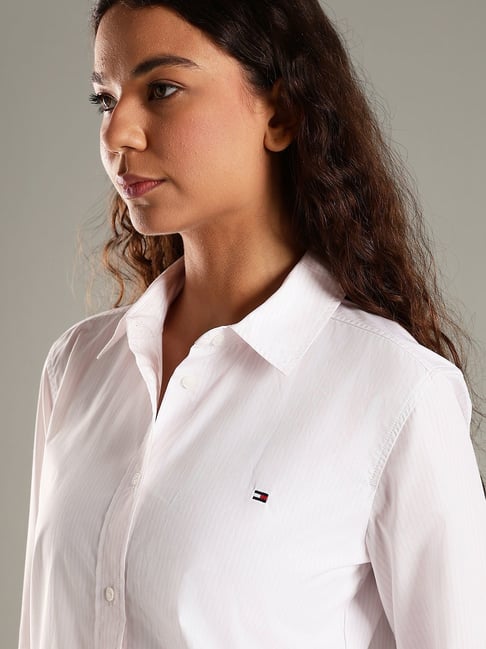 TOMMY HILFIGER White Light Pink Regular Fit Cotton Shirt