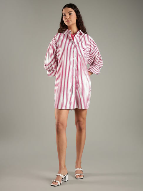 TOMMY HILFIGER Ecru & Pink Cotton Spread Collar Shirt Dress-picture-12