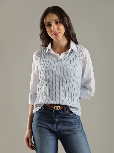 TOMMY HILFIGER Blue Heather Regular Fit Cotton Scoop Neck Sweater-Vest-picture-30