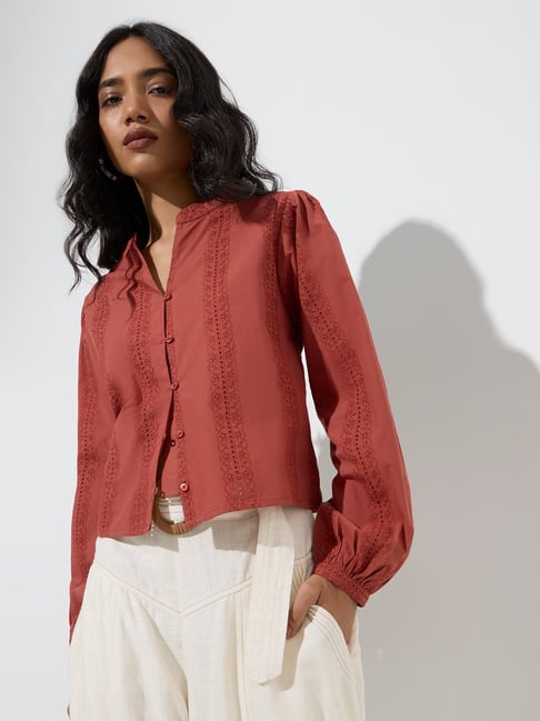 LOV by Westside Rust Embroidered Cotton Blouse