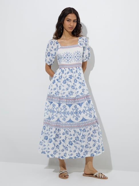 Bombay Paisley by Westside White Floral Patterned Cotton Tiered Dress