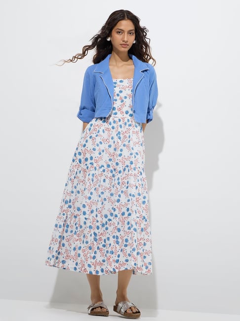 Bombay Paisley by Westside Blue Foliage Cotton Tiered Dress with Jacket