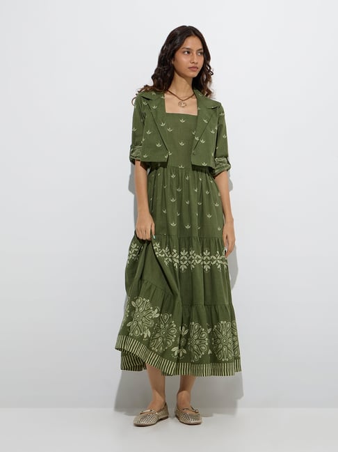 Bombay Paisley by Westside Olive Floral Cotton Tiered Dress with Jacket