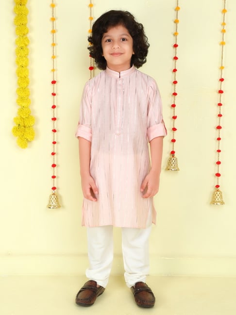 Ministitch Boys Peach Cotton Striped Regular Fit Kurta Set