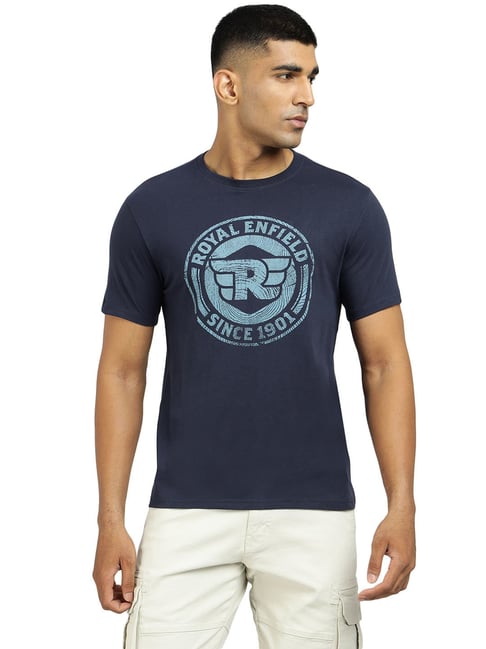 Royal Enfield Dark Blue Cotton Regular Fit Printed T-Shirt