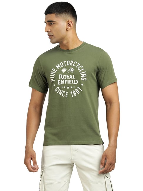 Royal Enfield Dark Green Cotton Regular Fit Printed T-Shirt