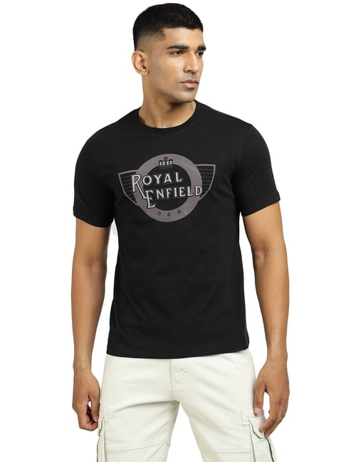 Royal Enfield Black Cotton Regular Fit Printed T-Shirt