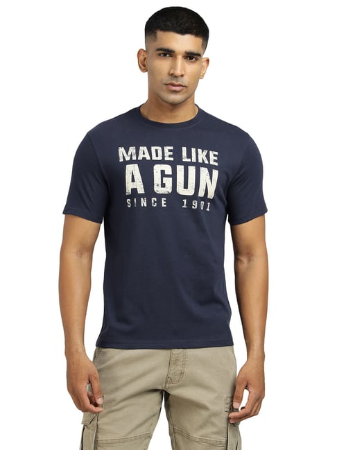 Royal Enfield Dark Blue Cotton Regular Fit Printed T-Shirt