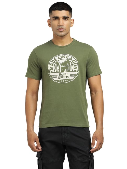 Royal Enfield Dark Green Cotton Regular Fit Printed T-Shirt