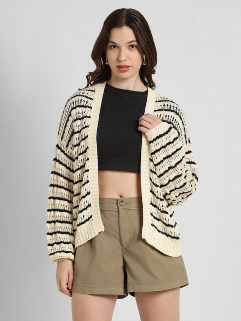 American Eagle Beige Cotton Stripes Cardigan