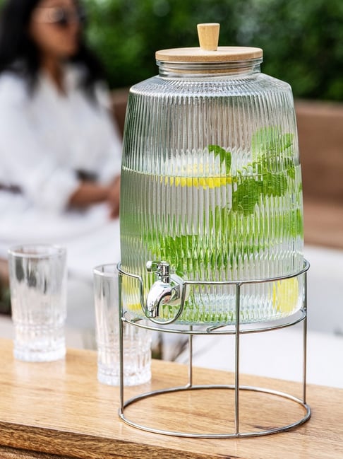 ROXX Clear Glass Amstel Dispenser with Wooden Lid & Metal Stand (6000 ml)