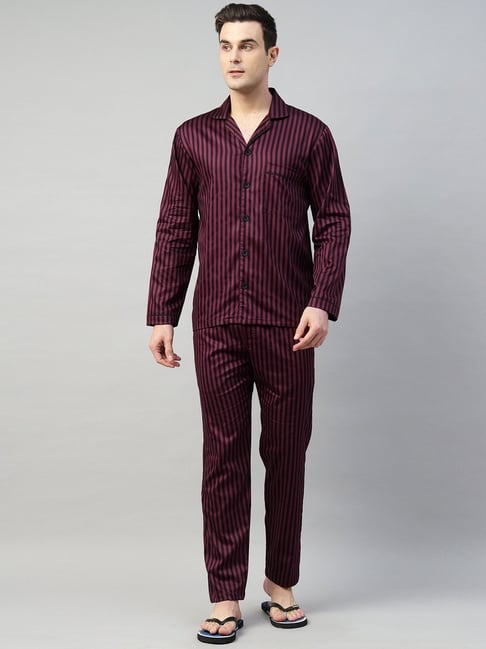 Hancock Maroon Cotton Relaxed Fit Striped Night Suit