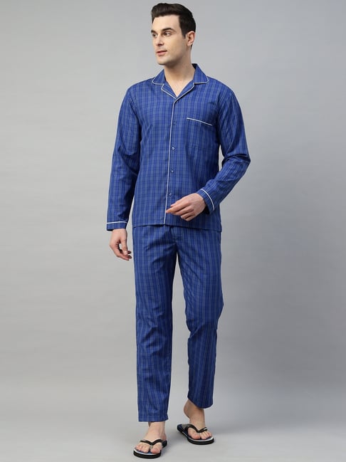 English Navy Blue Cotton Relaxed Fit Striped Night Suit