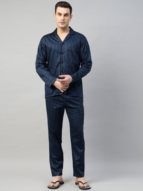 Hancock Blue Cotton Relaxed Fit Striped Night Suit