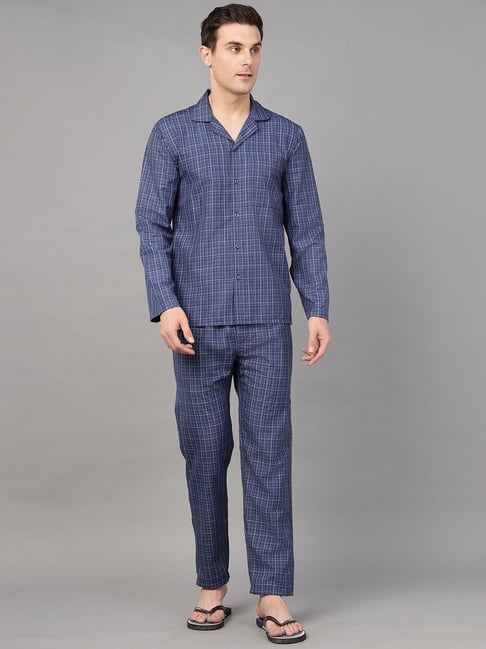 English Navy Navy Blue Relaxed Fit Checkered Night Suit-picture-10