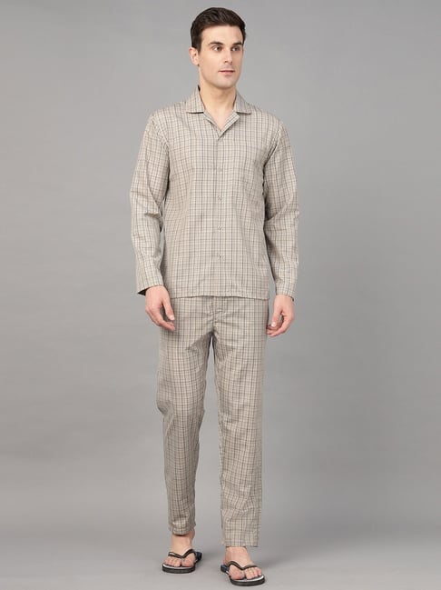 English Navy Khaki Cotton Relaxed Fit Checkered Night Suit-picture-39