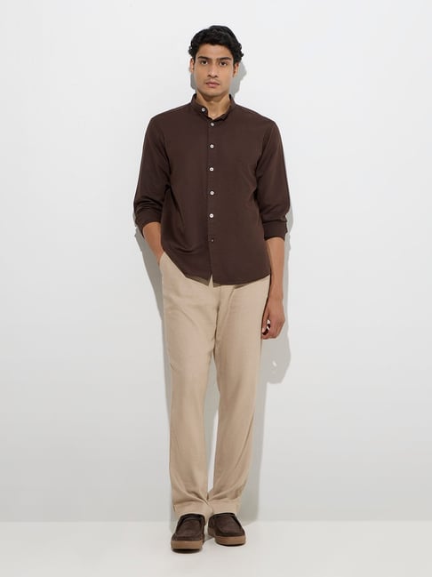 Ascot by Westside Dark Brown Solid Relaxed-Fit Linen-Blend Shirt