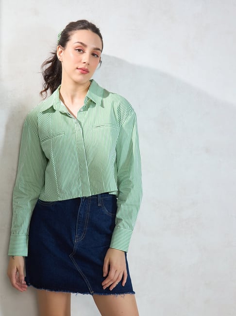 VIRGIO Green Cotton Stripes Long Sleeves Shirt-image-42