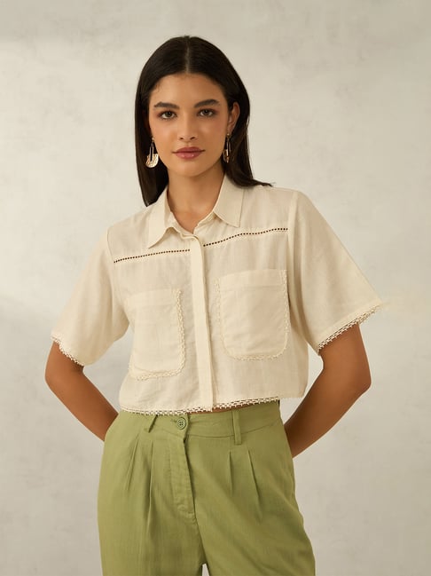 VIRGIO Beige Cotton Solid Short Sleeves Shirt-picture-40