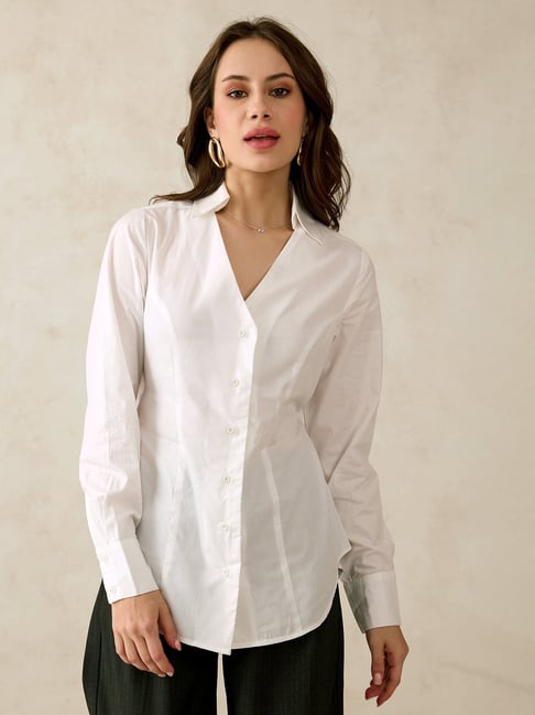 VIRGIO White Cotton Solid Long Sleeves Shirt-picture-16