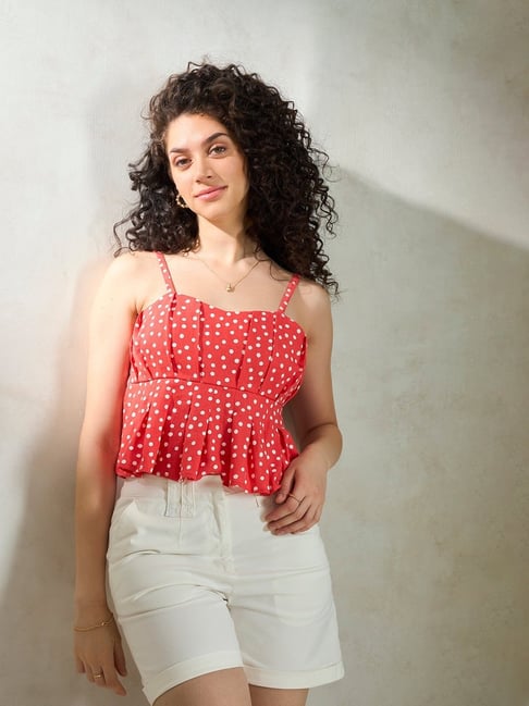 VIRGIO Coral Cotton Linen Polka Dot Sleeveless Crop Top-picture-30