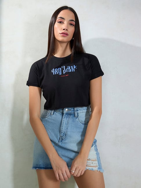 VIRGIO Black Cotton Print Short Sleeves Crop Top-picture-30