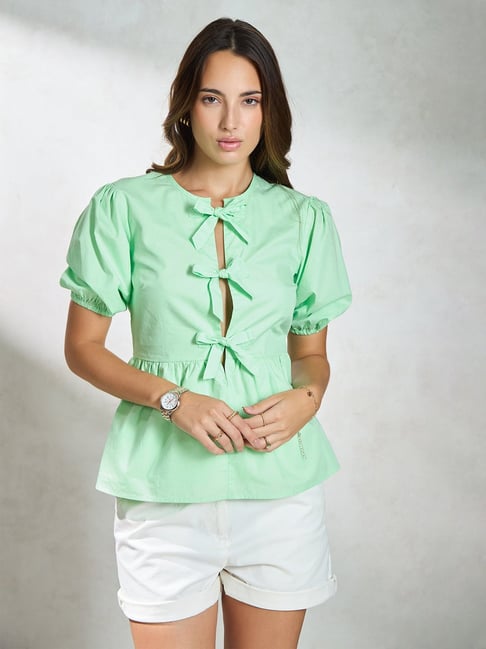 VIRGIO Green Cotton Solid Short Sleeves Top-picture-42