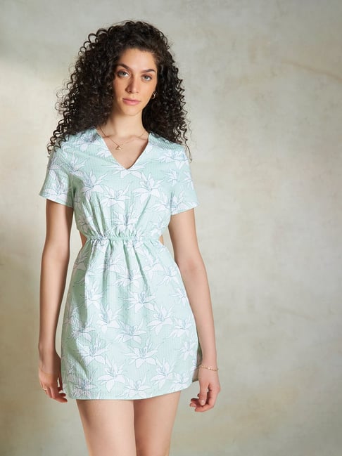 VIRGIO Green Cotton Floral Short Sleeves Dress