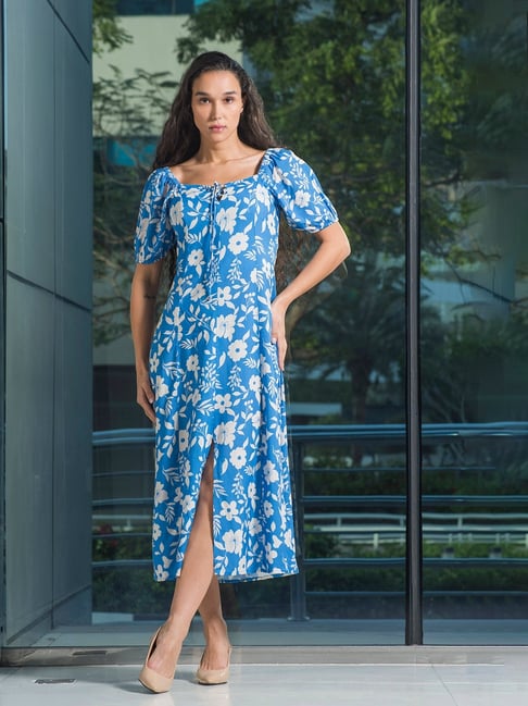 VIRGIO Blue Viscose Floral Short Sleeves Dress