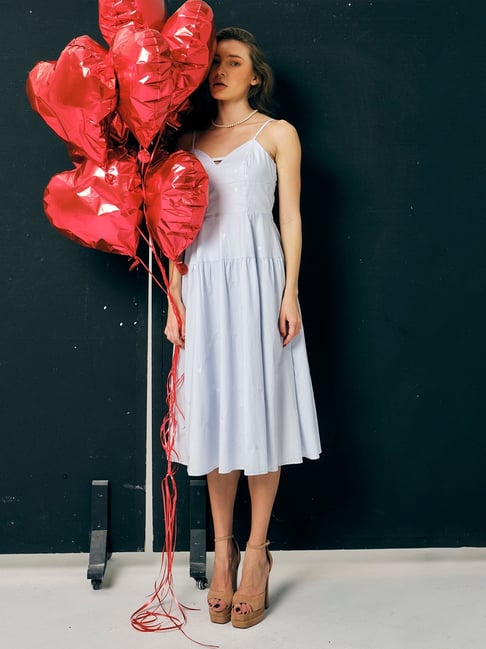 VIRGIO Blue Cotton Embroidery Sleeveless Dress