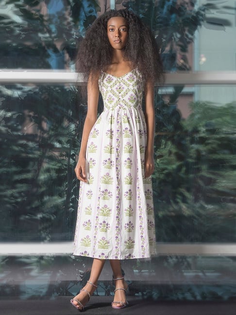 VIRGIO White Cotton Print Sleeveless Dress