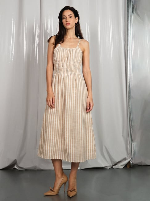 VIRGIO Beige Cotton Stripes Sleeveless Dress