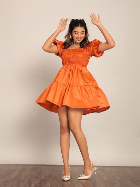 KAORI BY SHREYA AGARWAL Orange Cotton Solid Short Sleeves Dress